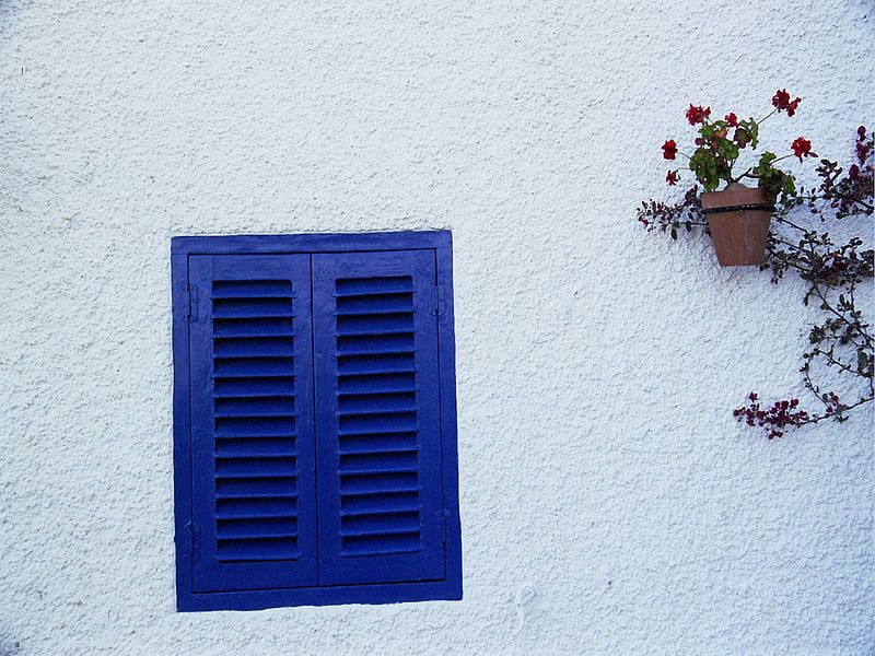 ALMERIA-mojacar, window, flowers, white, wall, blue, HD wallpaper | Peakpx