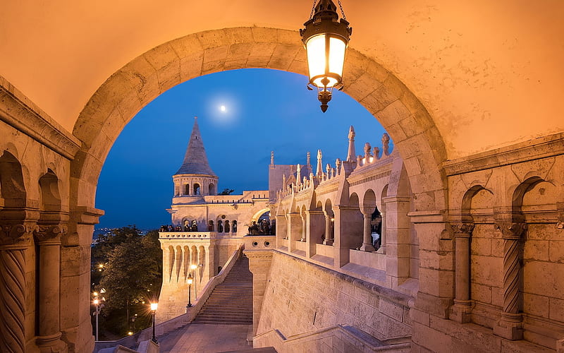 Budapest, Hungary, Hungary, night, Budapest, moon, lantern, old, HD wallpaper
