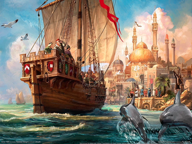 Edge of History ocean, anno 1404 dawn of discovery venice, game, europian, abstract, old, peoples, sea, dolphines, castles, 3d, ship, historical, HD wallpaper