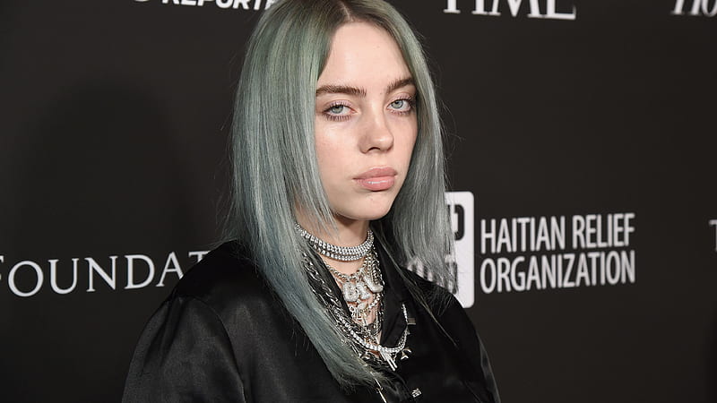 Billie Eilish Is Having Ash Color Hair Wearing Black Shirt And Wearing Silver Chains On Neck Looking Camera Celebrities, HD wallpaper