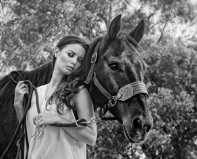 Friendship, love, black and white, nature, trees, horse, women, HD ...