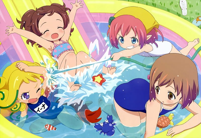 Pool Party, wet, slide, splashing, splash, anime, anime girl, kids, playing, female, chillds, swinsuit, childrens, pool, happy, cute, kawaii, water, girl, hose, babies, HD wallpaper