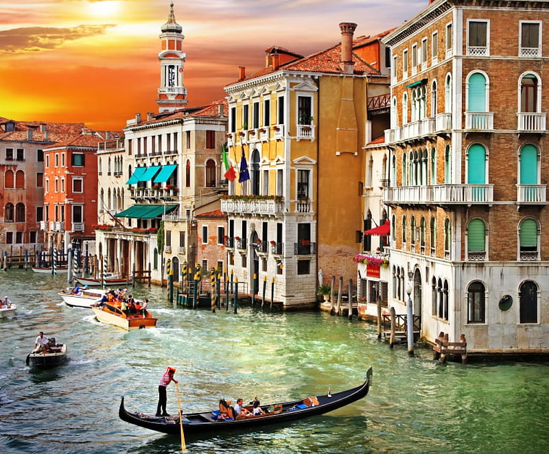 Venice, Italia, romantic, romance, Grand Canal, Italy, houses, town, sunset, gondolas, sky, clouds, sea, water, splendor, nature, HD wallpaper
