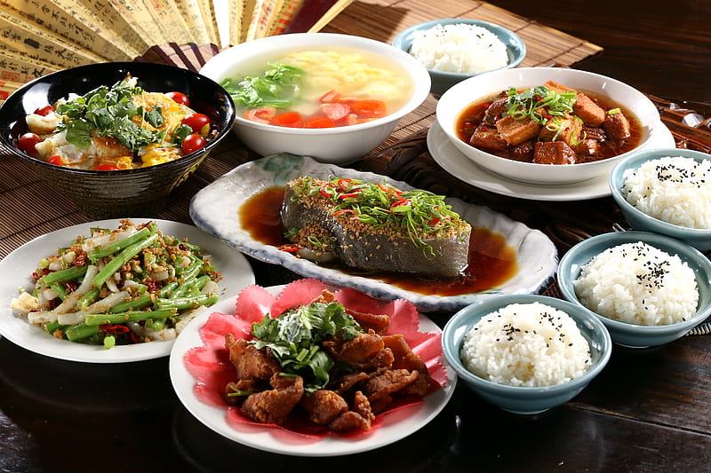 Japanese Meal, meal, seafood, japan, fish, food, plates, soup, rice, fan, vegetables, HD wallpaper