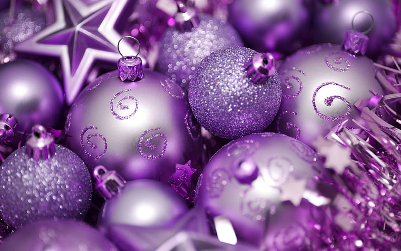 Christmas, New Year, christmas decorations, purple balls, stars, xmas, HD wallpaper