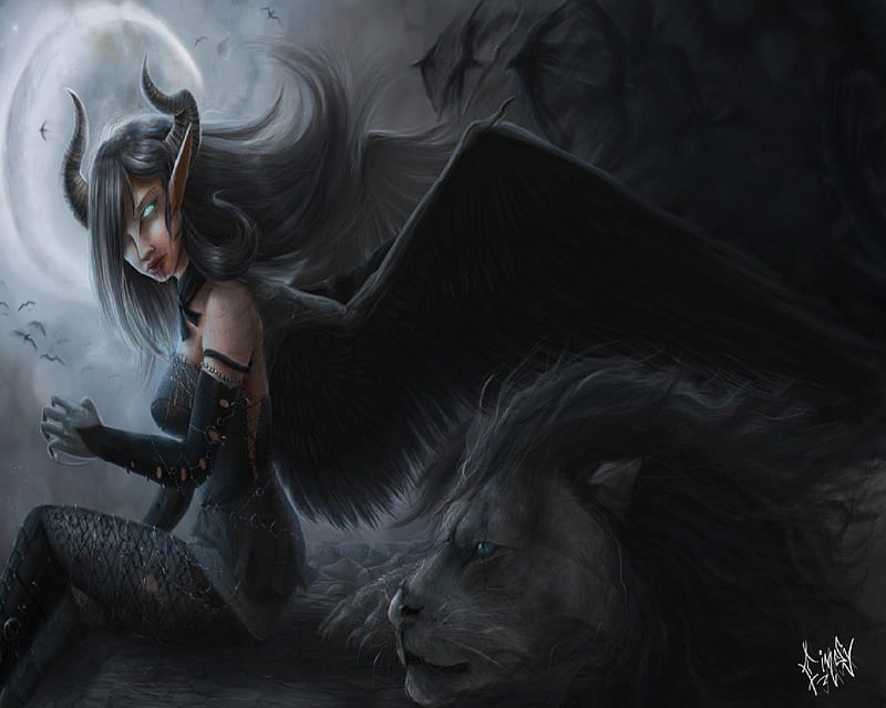 Demon And Black Lion, Lion, Female, Black, Demon, HD wallpaper