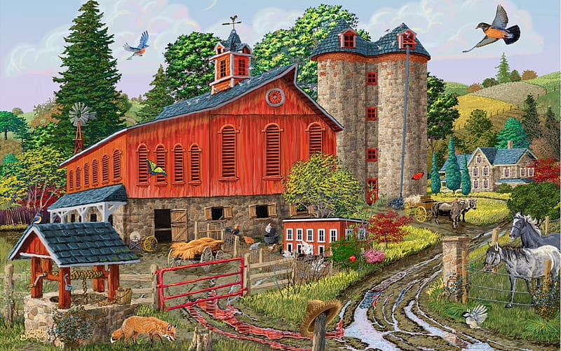 Bright Red Barn, red, Barn, house, birds, horses, Nature, farm, silos, Wishing well, animals, HD wallpaper