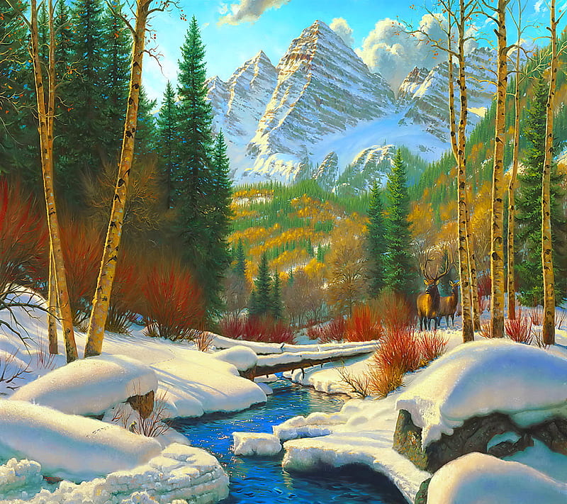 Winter Retreat, nature, painting, river, snow, HD wallpaper