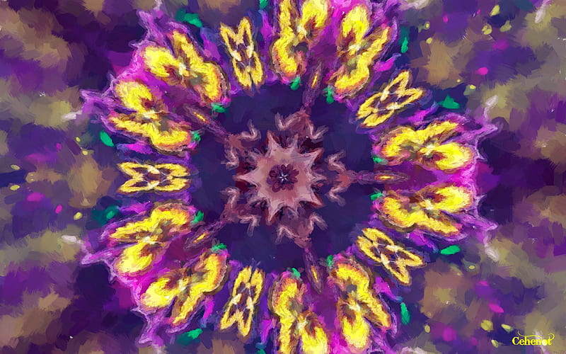 Wheel of pansies, art, yellow, by cehenot, pansy, abstract, purple, texture, painting, flower, wheel, pictura, pink, HD wallpaper
