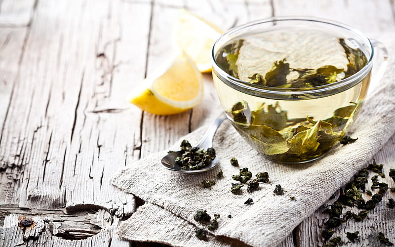 green tea, cup of tea, warm drinks, herbal tea, lemons, tea leaves, HD wallpaper