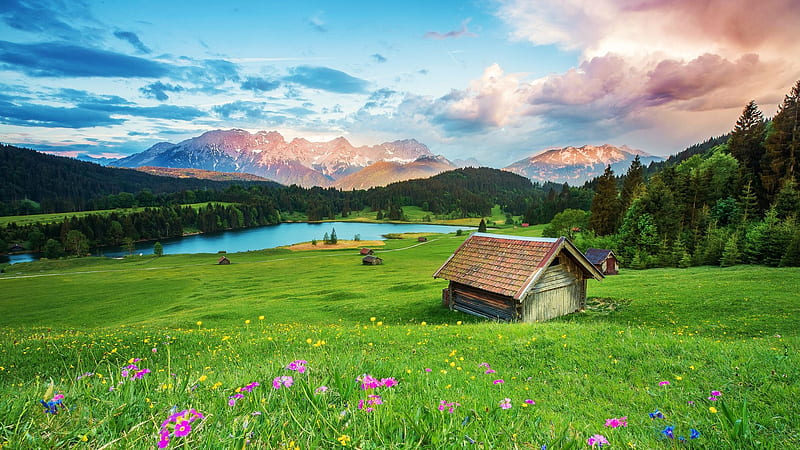 Cabins in the Austrian Alps, lake, wildflowers, clouds, landscape ...