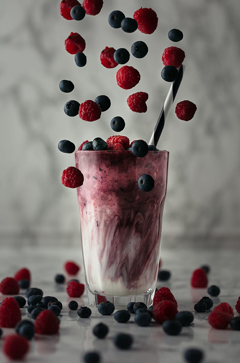 cocktail, smoothie, drink, berries, raspberries, blueberries, HD phone wallpaper