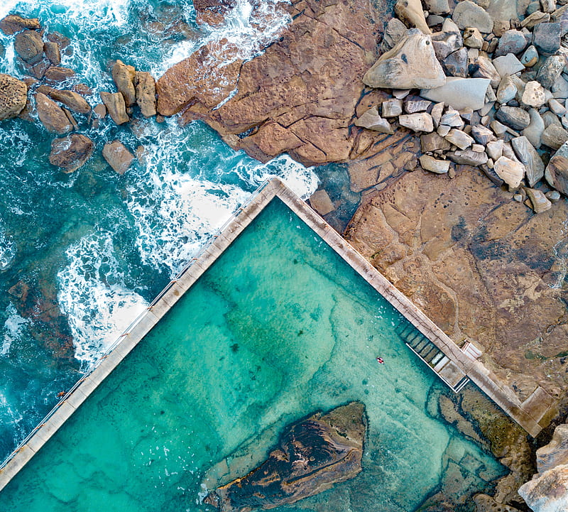 Radical Rock Pool, australia, birds eye view, coast, drone graphy, nature, ocean, pastel, wave, HD wallpaper