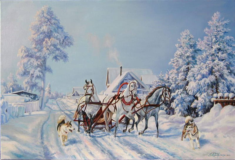 Elena Samarskaya . : Clinking music of the Russian depth. 2011 year., art, oil, horse, winter, elena samarskaya, tree, snow, painting, husky, dog, HD wallpaper