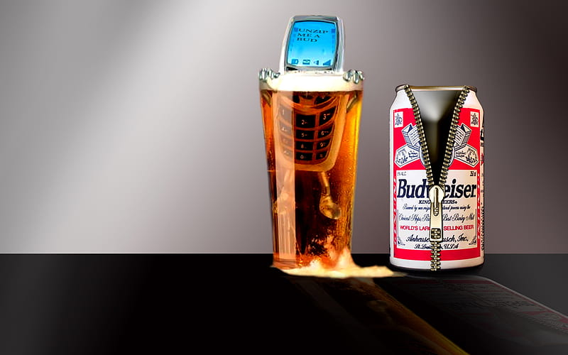 Budweiser Can and Cell Phone, mobile phone, with zip and glass, bud, draft beer, budweiser, cell phone, unzip me a bud, beer can, beer, HD wallpaper