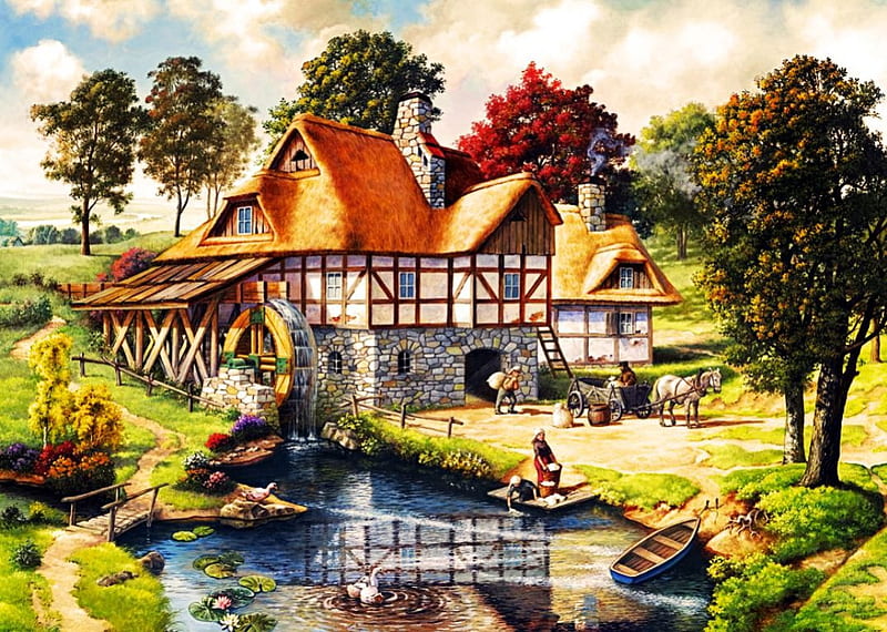 Old Watermill, bridge, cottage, painting, wheel, creek, trees, artwork, HD wallpaper