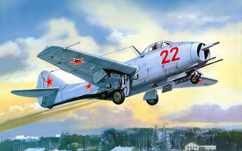 MiG9 Fargo, airplane, soviet union, painting, art, pictura, jet fighter, HD wallpaper