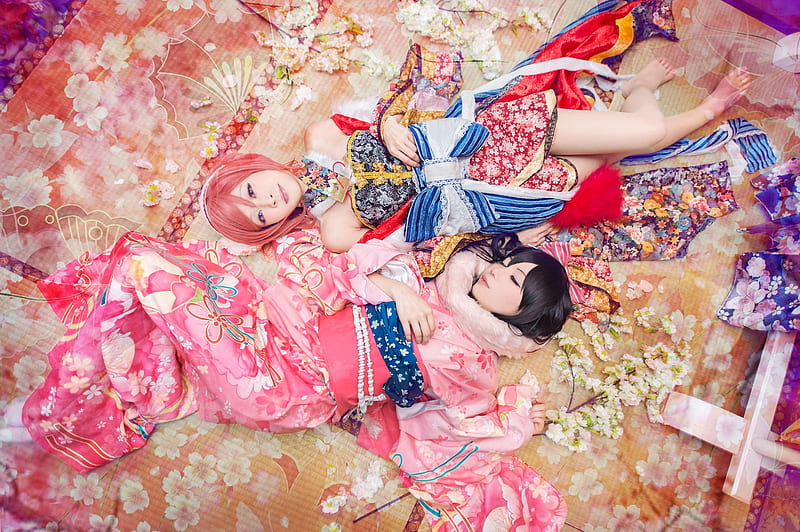 Beauties, red, cosplay, girl, model, asian, kimono, pink, couple, view from the top, HD wallpaper