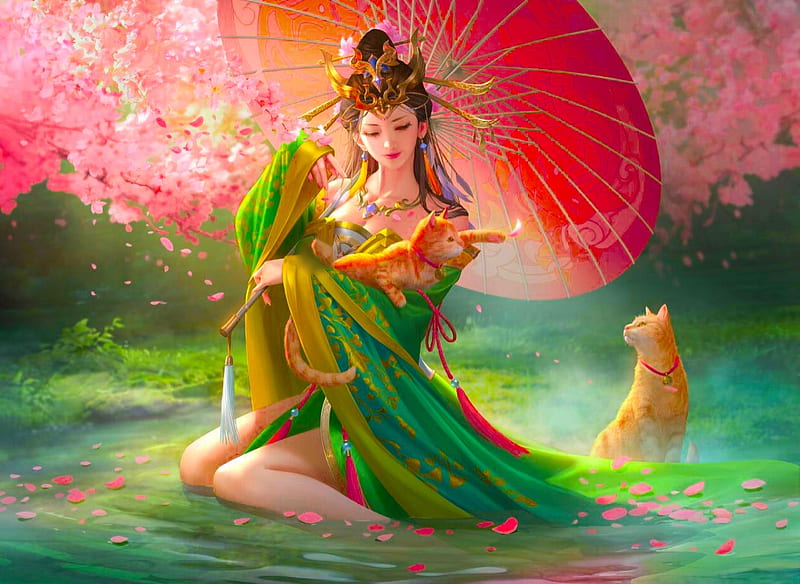 Geisha, pretty, art, fantasy, girl, green, digital, woman, HD wallpaper