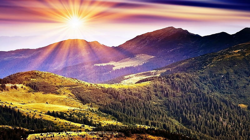 The rays of the sun and mountains, forest, autumn, The rays of the sun, mountains, HD wallpaper