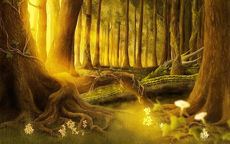Enchanted Forest Dragon, forest, Dragon, brown, Enchanted, woods, magical, trees, HD wallpaper