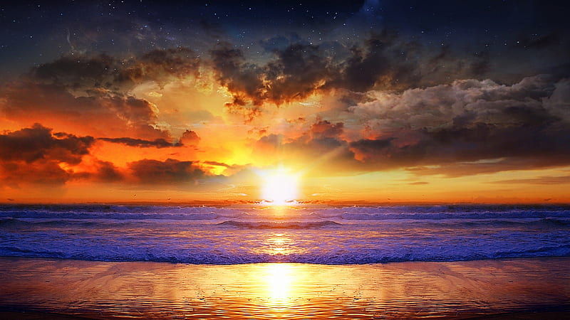 The Sunrise, sun, sunset, clouds, sea, beach, SkyPhoenixX1, sunrise, morning, stars, dawn, ocean, waves, abstract, sunshine, nature, HD wallpaper