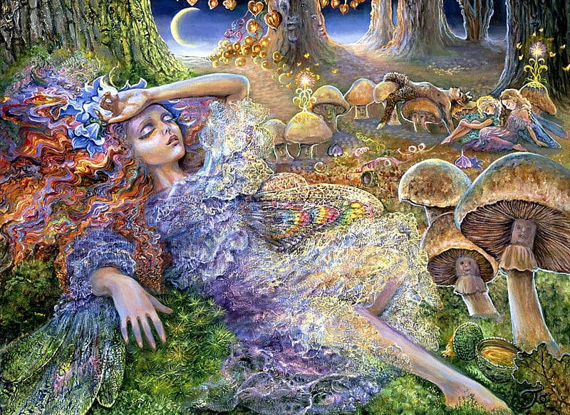 After the Fairy Ball, fairyland, painting, fairies, mushrooms, sleeping, artwork, HD wallpaper