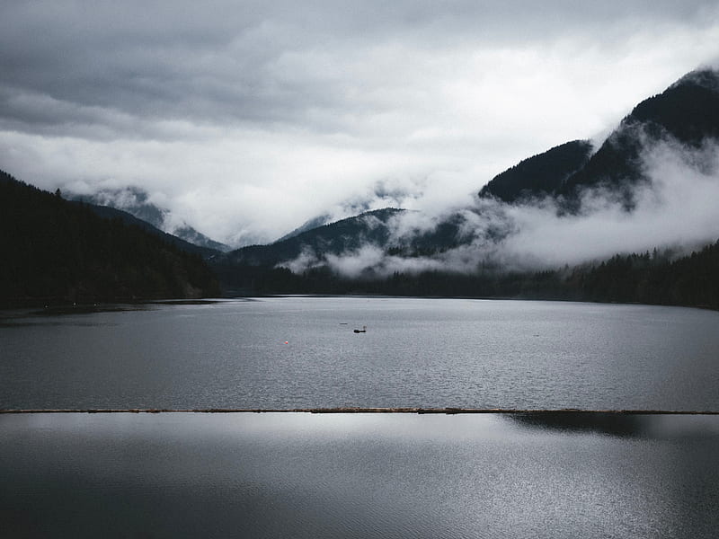 mountains, fog, lake, water, bw, HD wallpaper