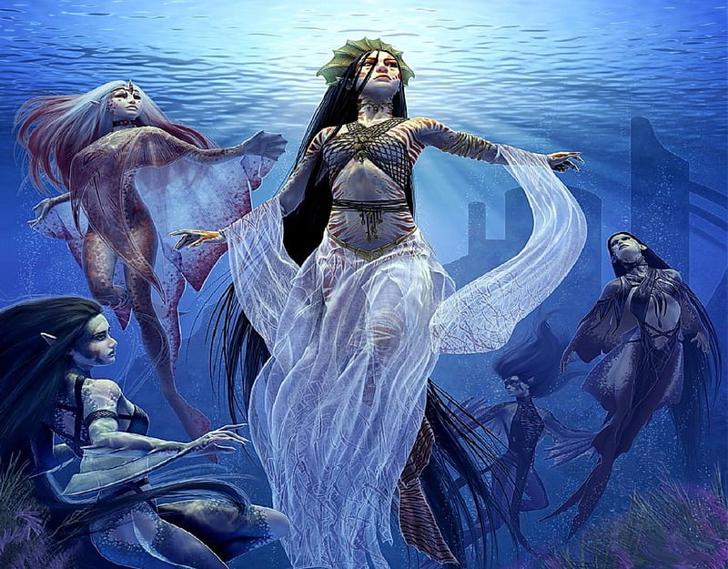Gracing Through Deep Waters, swimming, Fantasy, Veil, beauty, Creatures, Mythical, HD wallpaper