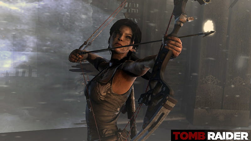 lara with fire arrow, high, game, tomb raider, 1920, sexy, arrow, tomb, fire, croft, guns, lara, definition, HD wallpaper