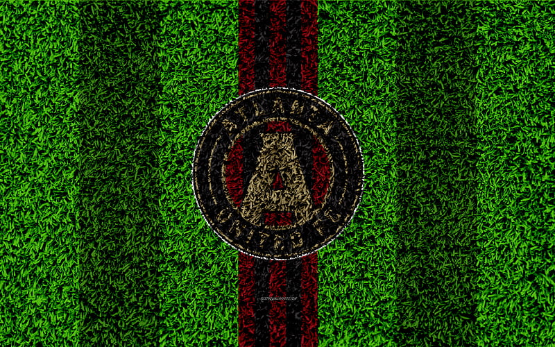 Atlanta United FC MLS, football lawn, logo, american soccer club, red black lines, grass texture, Atlanta, USA, Major League Soccer, football, HD wallpaper