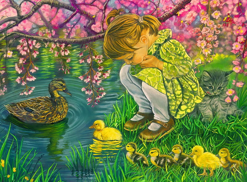 Mother's love, pretty, ducks, bonito, mother, kid, watch, love, painting, child, duckling, art, lovely, spring, park, lake, pond, tree, girl, blossoms, garden, nature, HD wallpaper