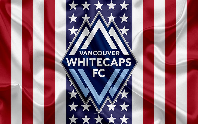 Vancouver Whitecaps FC logo, emblem, silk texture, American flag, football club, MLS, Vancouver, Canada, USA, Major League Soccer, Western Conference, HD wallpaper