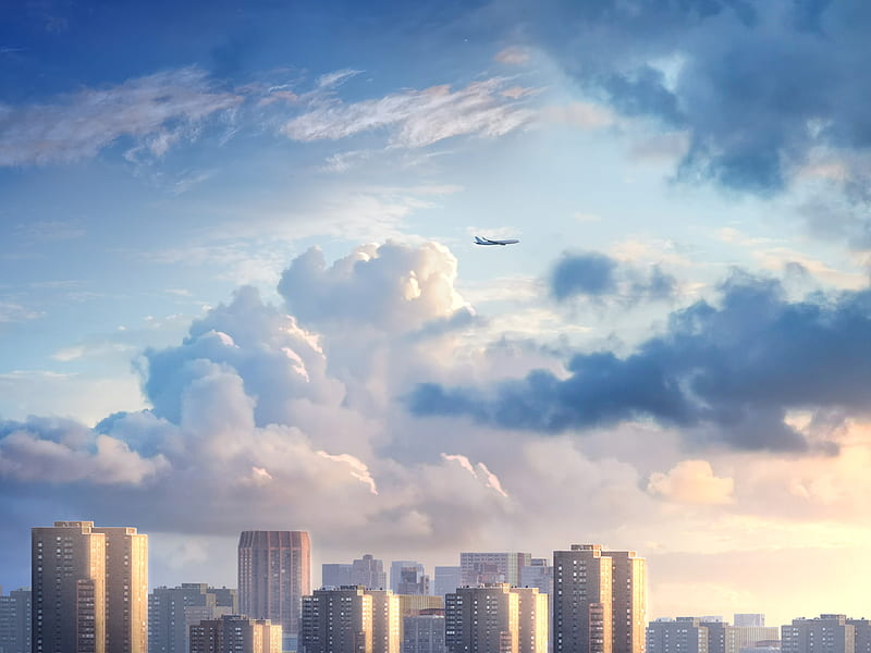 anime cityscape, airplane, clouds, sky, buildings, Anime, HD wallpaper