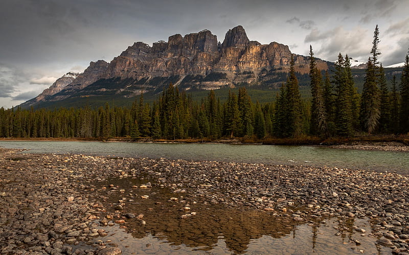 Spring, Mountain Landscape, Sunset, Rocks, Mountain River, Forest, Alberta, Banff National Park, Canada, HD wallpaper
