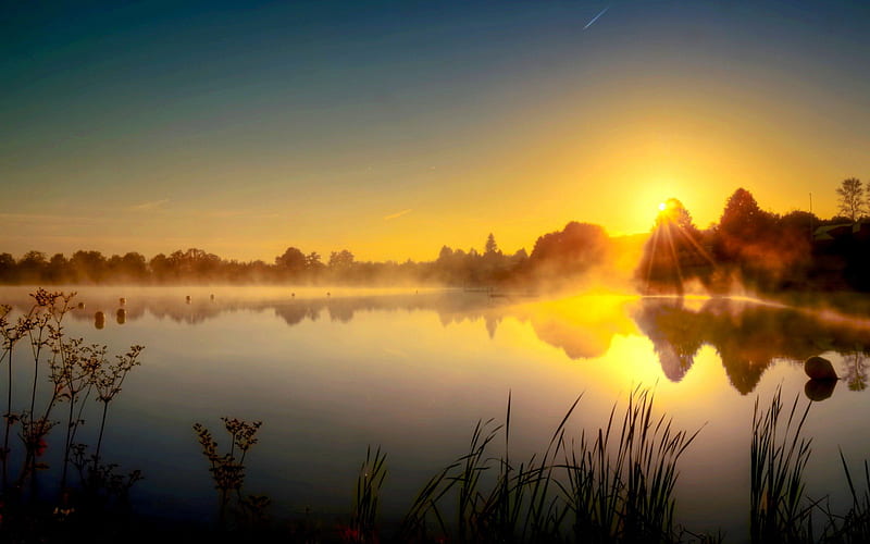SUNRISE, calm, grass, lake, HD wallpaper | Peakpx