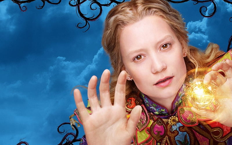 Alice Through the Looking Glass (2016), movie, Alice Through the Looking Glass, blonde, fantasy, girl, actress, hand, Mia Wasikowska, disney, blue, HD wallpaper