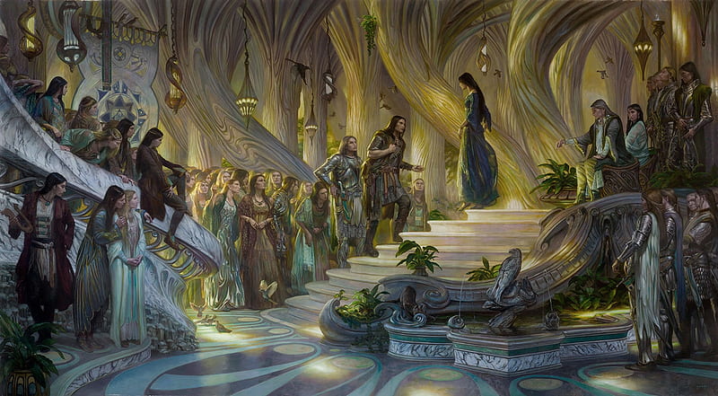 Beren and Luthien in the court of Thingol and Melian, man, donato giancola, luthien, art, luminos, elf, yellow, beren, fantasy, lotr, girl, melian, thingol, HD wallpaper