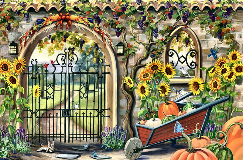 Garden Gate in Autumn F1, architecture, gate, fall, art, autumn, artwork, grapes, sunflowers, painting, wide screen, flowers, garden, scenery, landscape, pumpkins, HD wallpaper
