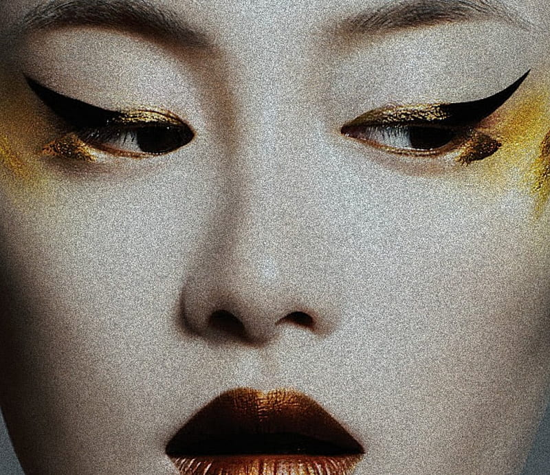 Mask, autumn, model, japanese, glitter, golden, yellow, lips, make-up, girl, asian, beauty, chinese, HD wallpaper