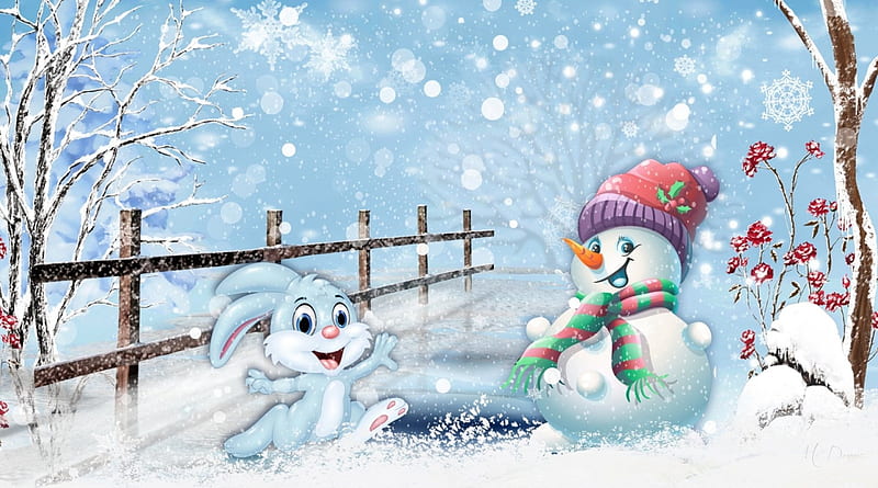 Snowman and Bunny, fence, Christmas, rabbit, fun, snowman, happy, winter, snow, bunny, HD wallpaper