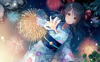 Yukata, Anime, Fireworks, Kashiwabara En, Kimono, Hand Fan, Blue, Manga ...