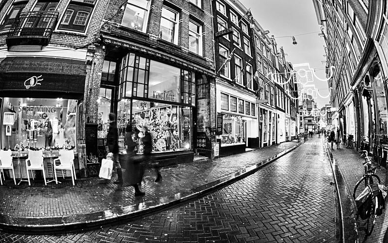 old london street after a rain, city, fish eye, cobblestones, street, stores, HD wallpaper