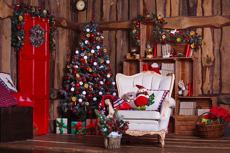 Wooden, Chair, Christmas, Holiday, Christmas Tree, Christmas Ornaments, HD wallpaper