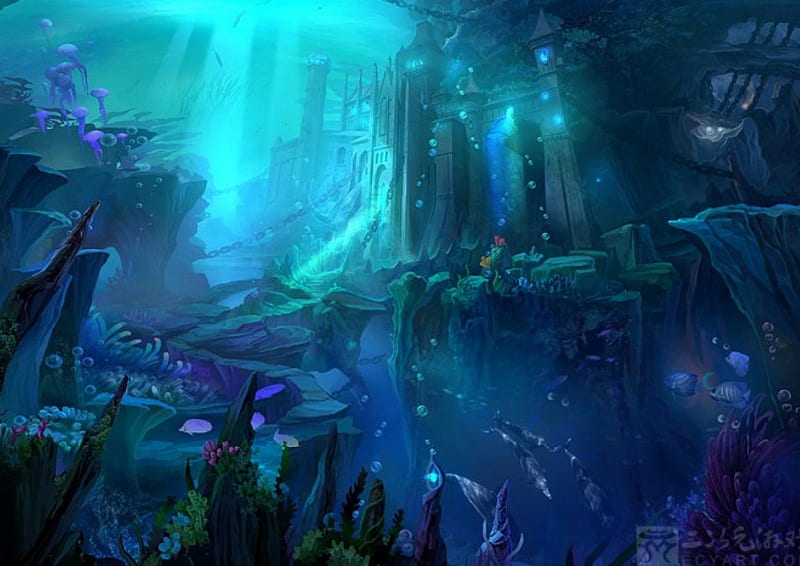 Undersea City, art, fantasy, blue, undersea, HD wallpaper