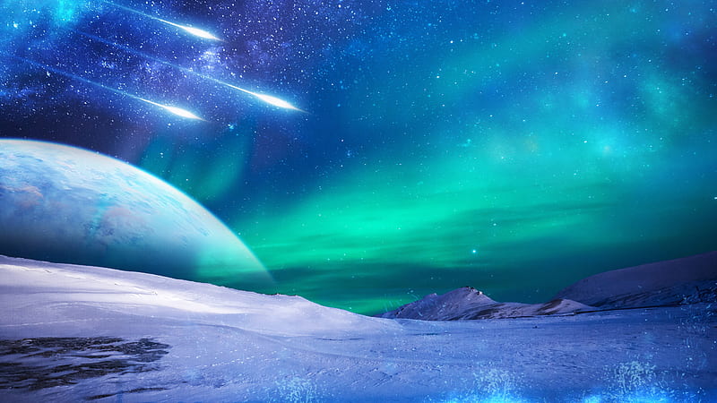 planet surface, frozen, galaxy, outer space, aurora, Space, HD wallpaper