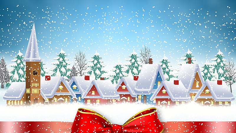 Christmas Village, village, trees, neighborhood, winter, Firefox theme, Christmas, red riabbon, houses, sky, church, snow, chapel, HD wallpaper