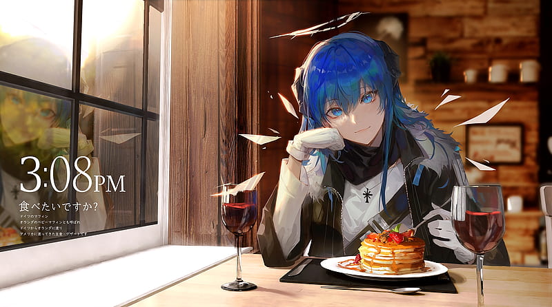 mostima, angel ring, arknights, cafe, pancakes, gloves, blue hair, anime games, Anime, HD wallpaper