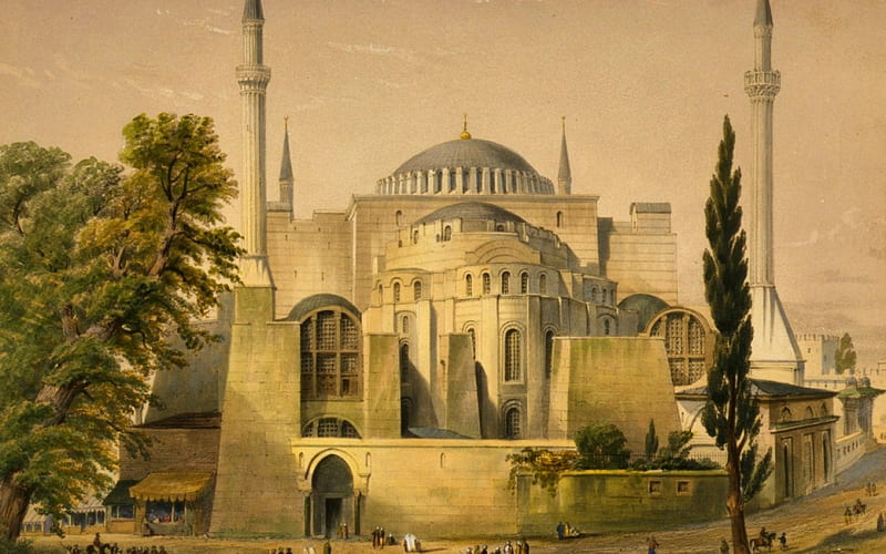 Hagia Sophia, art, yellow, church, Turkey, building, tree, green, painting, pictura, HD wallpaper