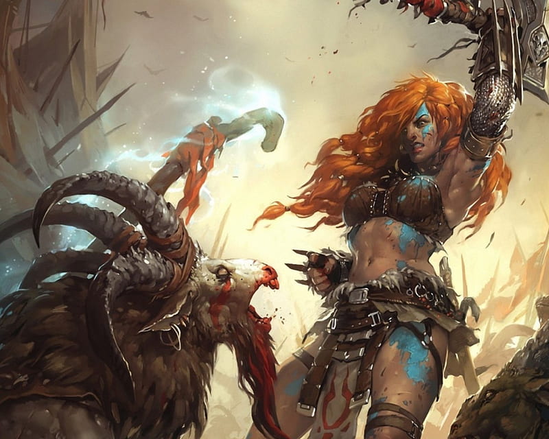 Fighting The Horde, Red Head, Beastmen, Woman, Fantasy, Battle Ax, HD wallpaper